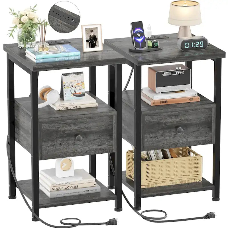 Set of 2 Nightstand with Charge Station and LED Light, End Table with Drawers