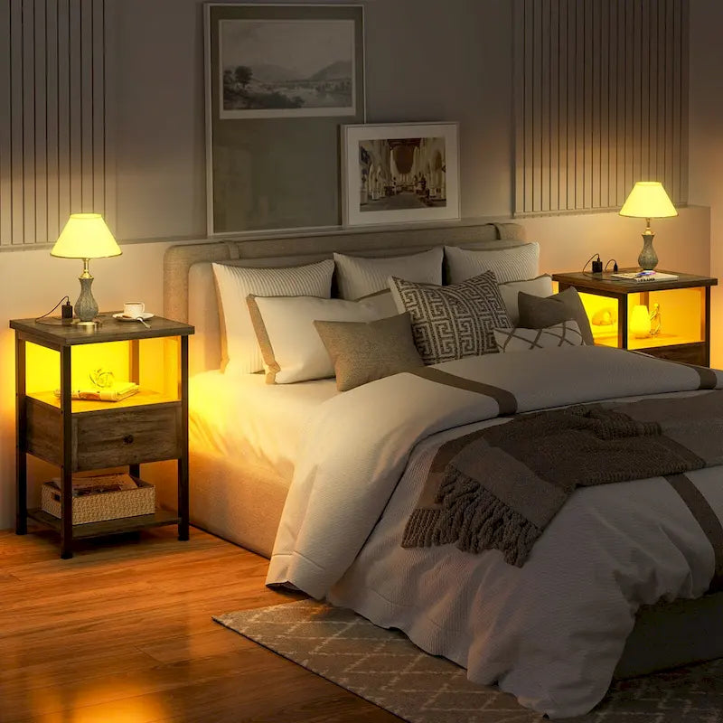 Set of 2 Nightstand with Charge Station and LED Light, End Table with Drawers