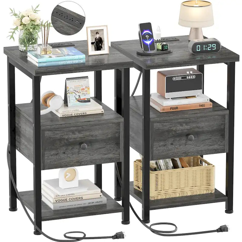 Set of 2 Nightstand with Charge Station and LED Light, End Table with Drawers