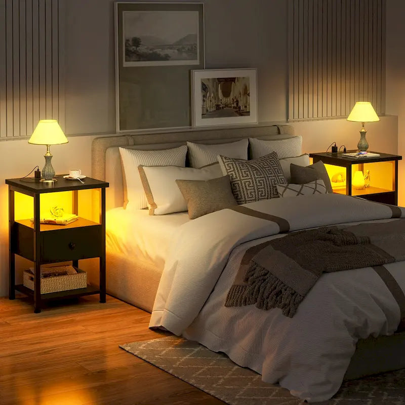 Set of 2 Nightstand with Charge Station and LED Light, End Table with Drawers
