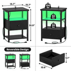 Set of 2 Nightstand with Charge Station and LED Light, End Table with Drawers