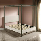 Rey Queen Size Canopy Bed, Padded Headboard, 4 Post Frame, Ivory Upholstery
