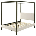 Rey Queen Size Canopy Bed, Padded Headboard, 4 Post Frame, Ivory Upholstery
