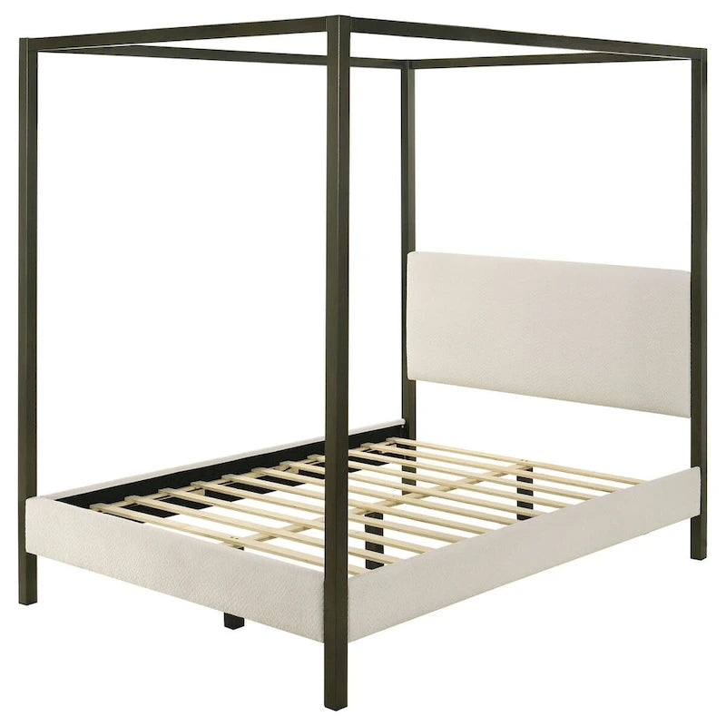 Rey Queen Size Canopy Bed, Padded Headboard, 4 Post Frame, Ivory Upholstery