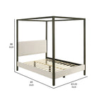 Rey Queen Size Canopy Bed, Padded Headboard, 4 Post Frame, Ivory Upholstery