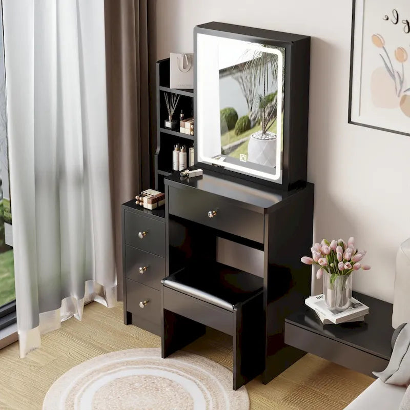 Left Bedside Cabinet Makeup Vanity Table Set with Stool and LED Mirror
