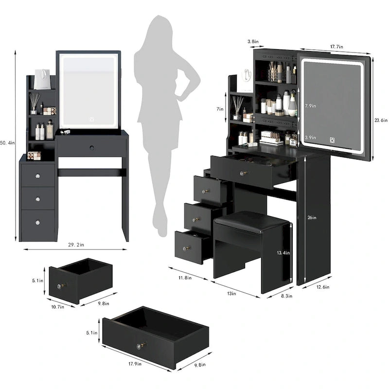 Left Bedside Cabinet Makeup Vanity Table Set with Stool and LED Mirror