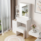 Left Bedside Cabinet Makeup Vanity Table Set with Stool and LED Mirror