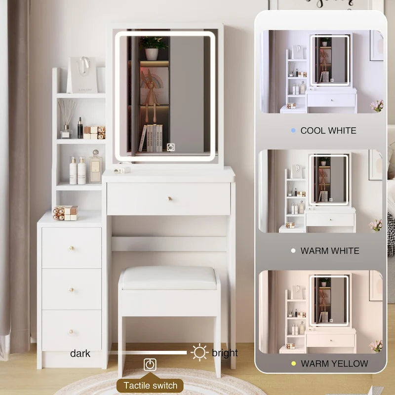 Left Bedside Cabinet Makeup Vanity Table Set with Stool and LED Mirror