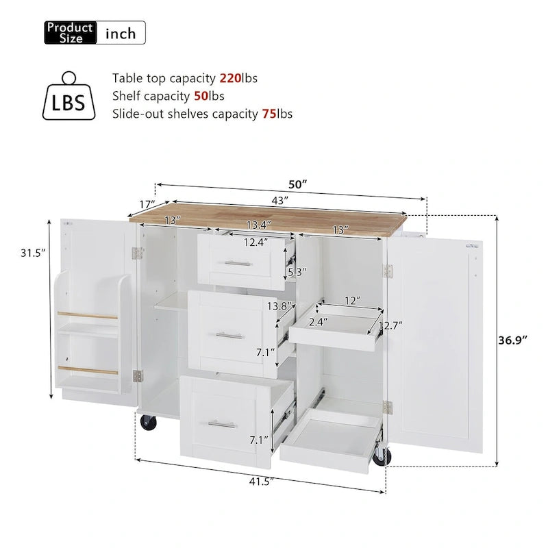 Kitchen Cart with Rubber Wood Top