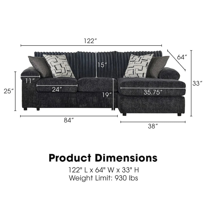 New Classic Furniture Luna Charcoal Grey Right Facing Sectional, Made in USA