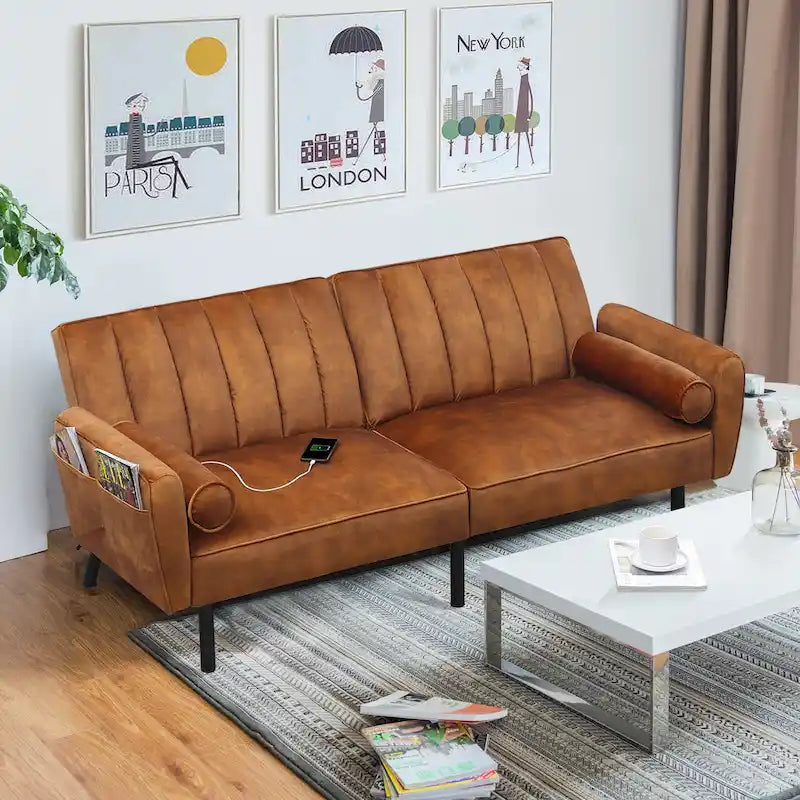 Velvet Futon Sofa Bed Convertible Sofa Couch with Adjustable Backrest, Daybed Guest Bed for Living Room - 2-Person