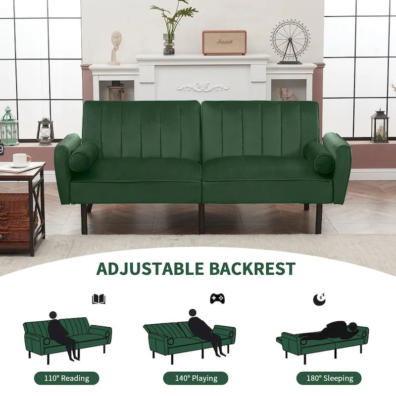Velvet Futon Sofa Bed Convertible Sofa Couch with Adjustable Backrest, Daybed Guest Bed for Living Room - 2-Person