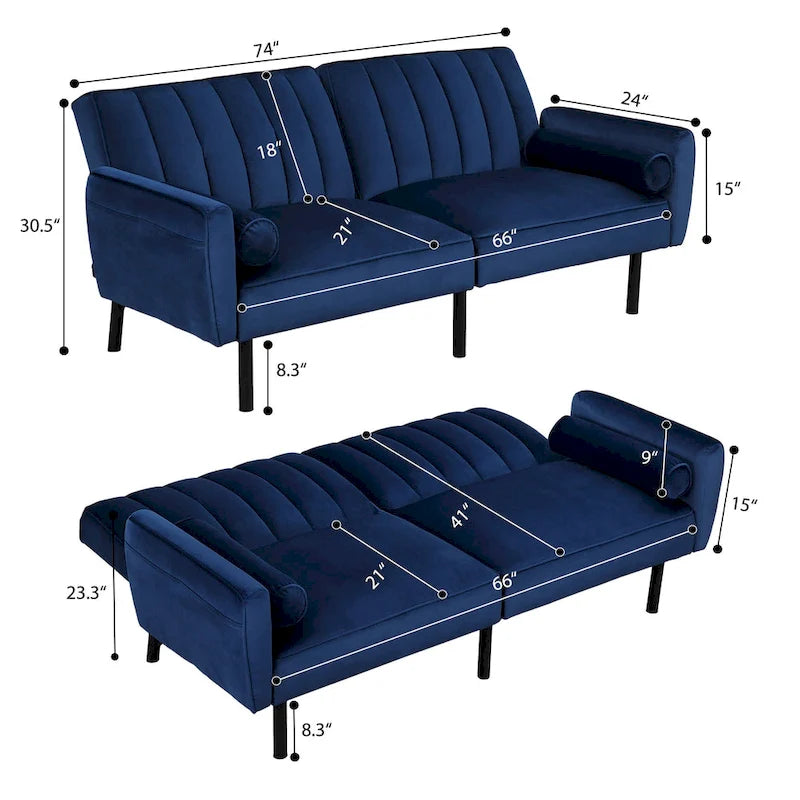 Velvet Futon Sofa Bed Convertible Sofa Couch with Adjustable Backrest, Daybed Guest Bed for Living Room - 2-Person