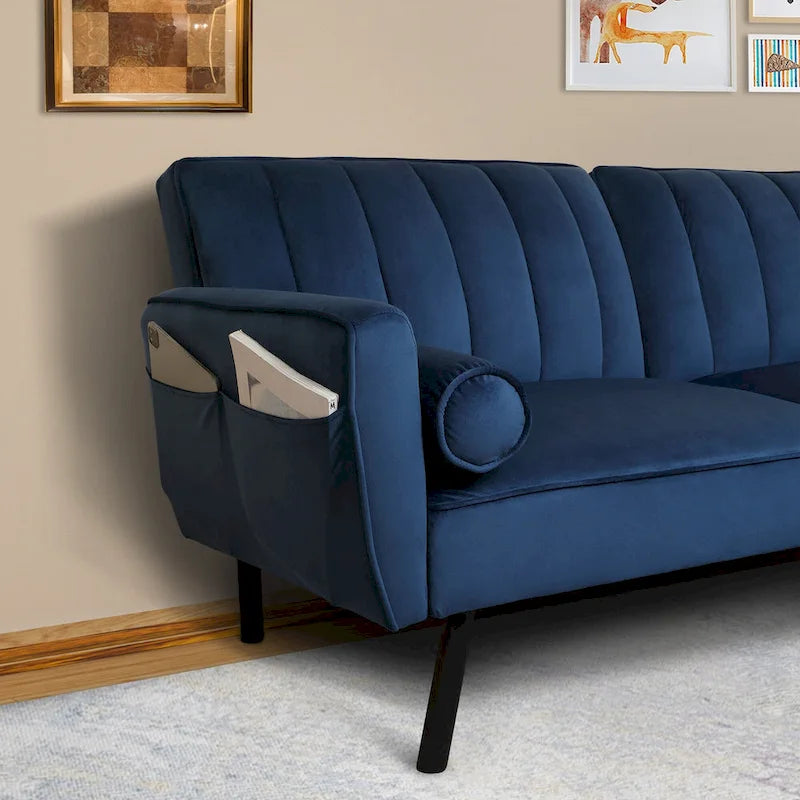 Velvet Futon Sofa Bed Convertible Sofa Couch with Adjustable Backrest, Daybed Guest Bed for Living Room - 2-Person