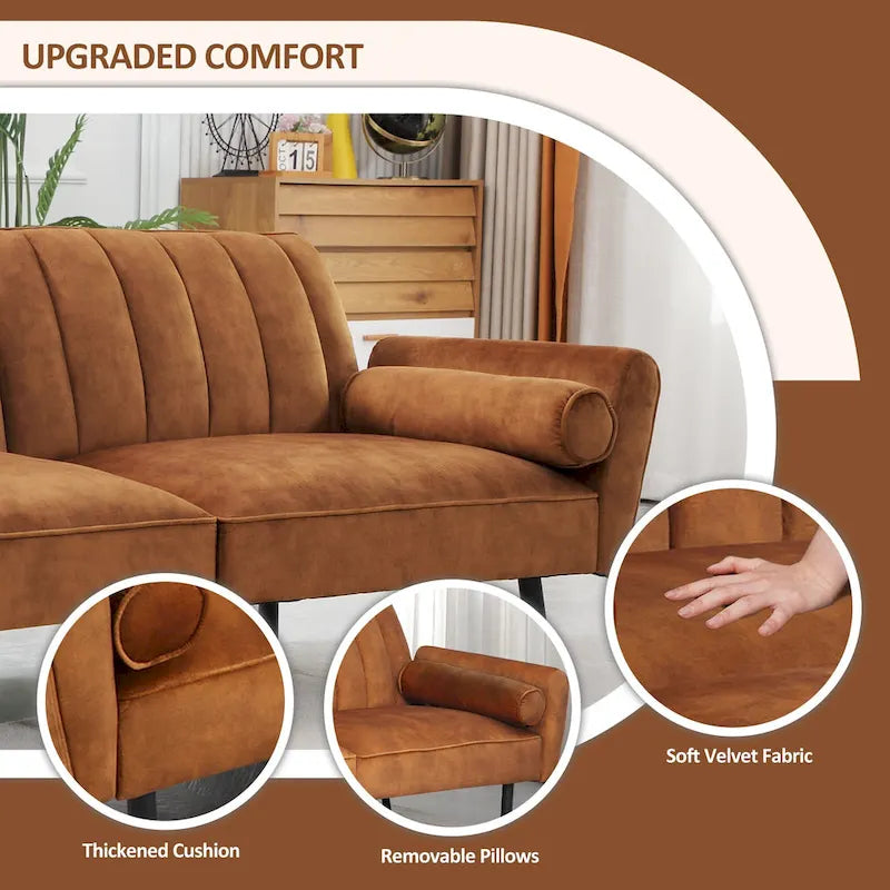 Velvet Futon Sofa Bed Convertible Sofa Couch with Adjustable Backrest, Daybed Guest Bed for Living Room - 2-Person