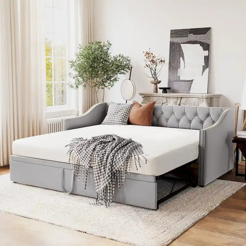 Twin Size Upholstered Sofa Bed with Trundle and Latest Integrated Bluetooth Audio System,Teddy Fleece