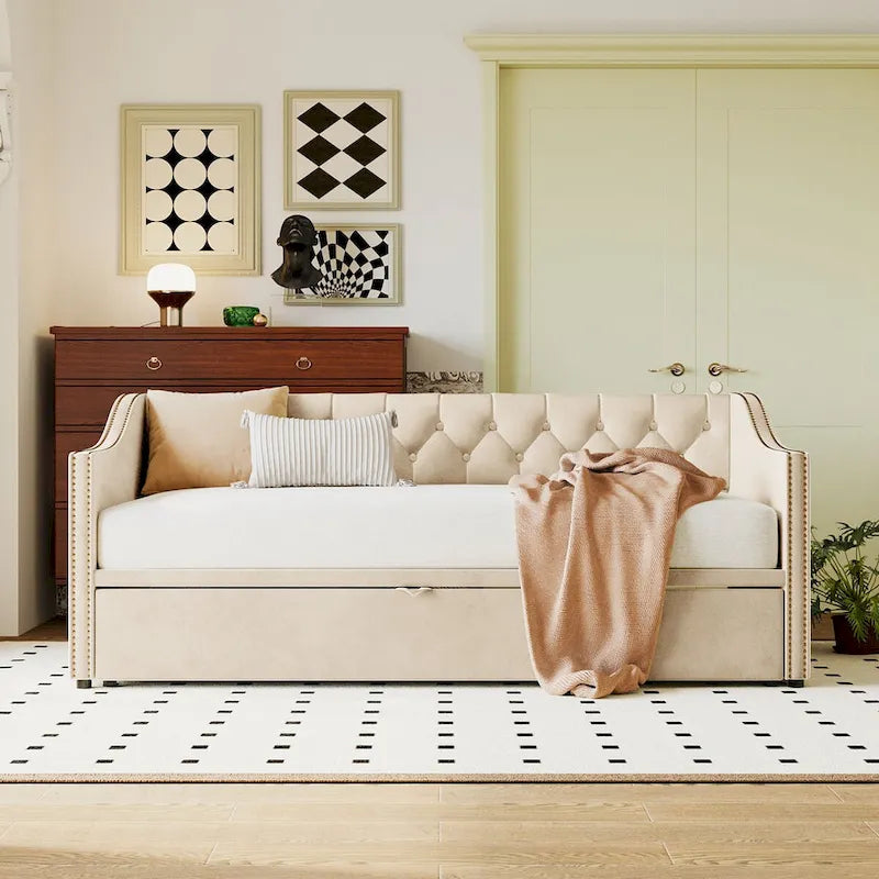 Twin Size Upholstered Sofa Bed with Trundle and Latest Integrated Bluetooth Audio System,Teddy Fleece