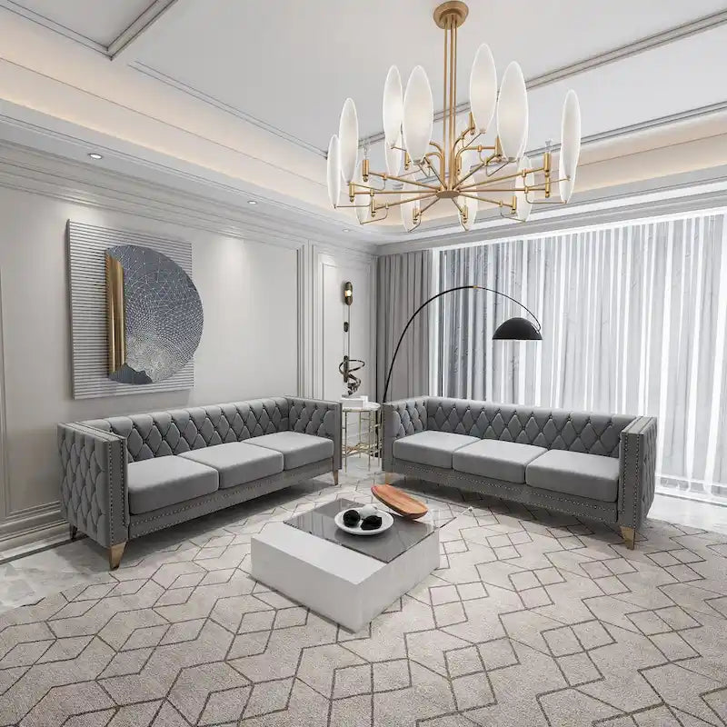 2-Pieces Velvet Upholstered 3 Seat Sofa, Classic Chesterfield Couch Buttons Tufted Square Arm Sofa with Nailheads and Metal Legs