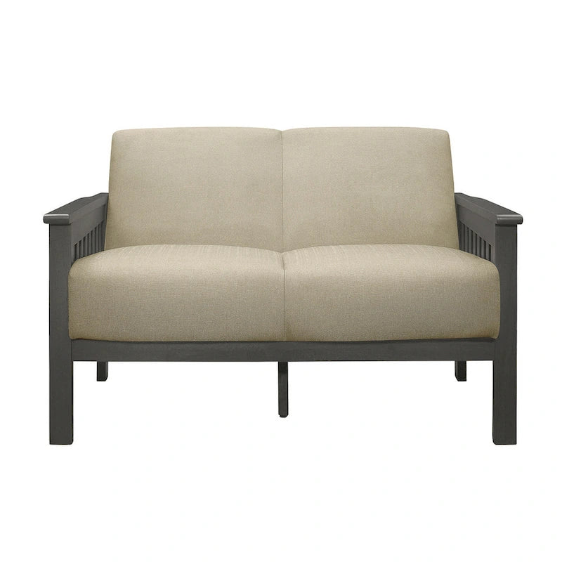 Wiston 50 Inch Loveseat, Beige Polyester, Dark Gray Solid Rubberwood