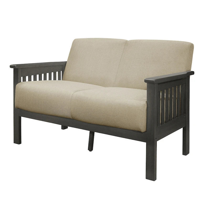 Wiston 50 Inch Loveseat, Beige Polyester, Dark Gray Solid Rubberwood