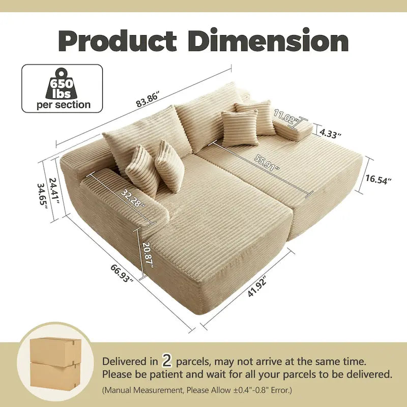 HOOOWOOO Modular Couch Plush Corduroy Sectional Sofa with Pillows