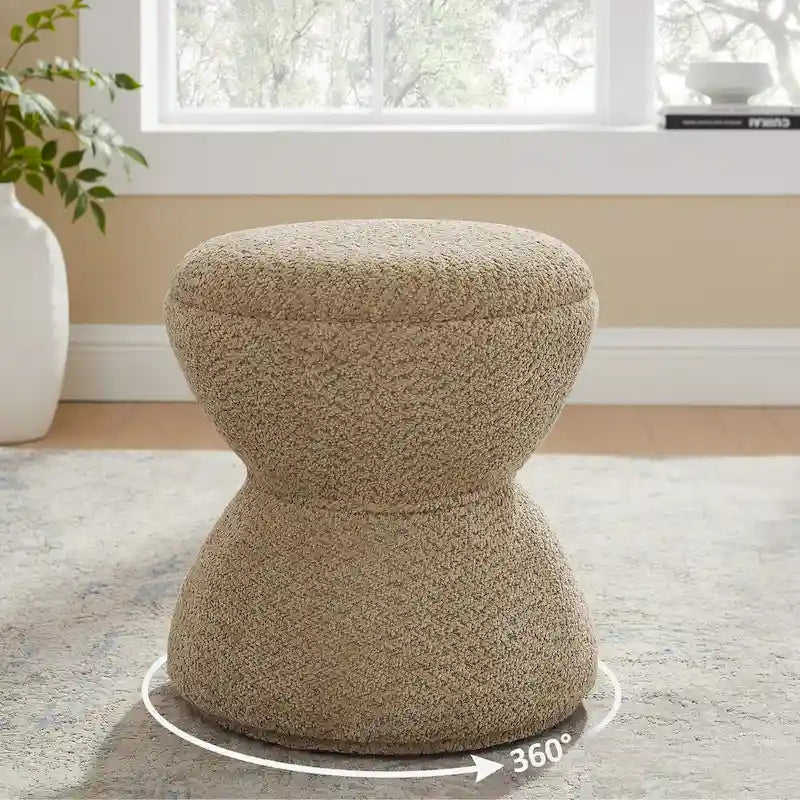 VANOMi Djembe Boucle Upholstered Ottoman with Swivel Base, Pouf, Swivel Vanity Stool for Living Room, Walk-in Closet