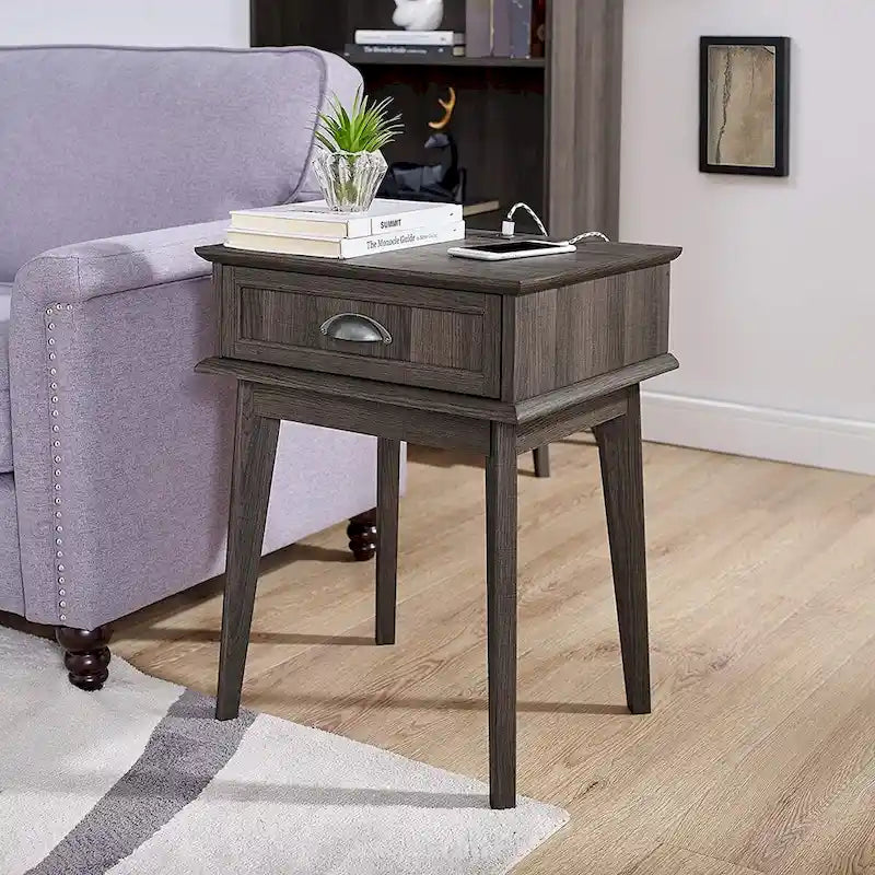 Caffoz Tall Side End Table with Fully Extended Drawer and USB Hub