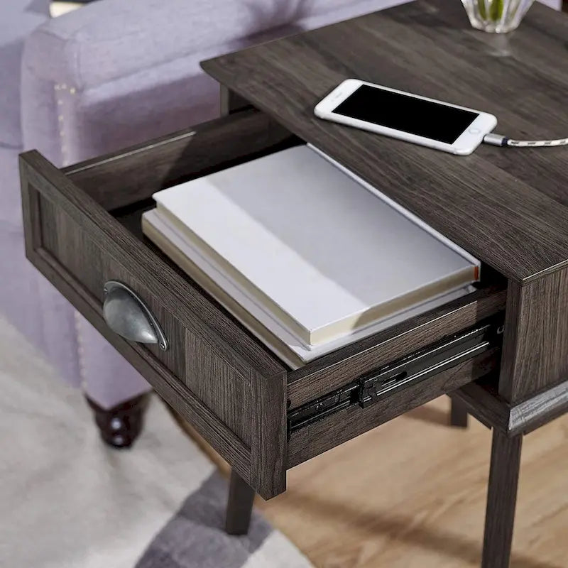 Caffoz Tall Side End Table with Fully Extended Drawer and USB Hub