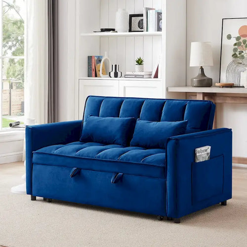 55.1-inch 3-in-1 convertible,modern velvet double sofa Futon sofa bed with adjustable back, storage bag and pillow