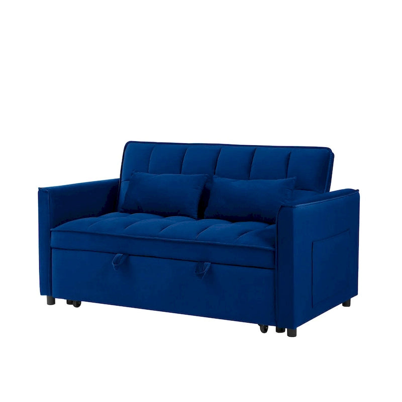 55.1-inch 3-in-1 convertible,modern velvet double sofa Futon sofa bed with adjustable back, storage bag and pillow