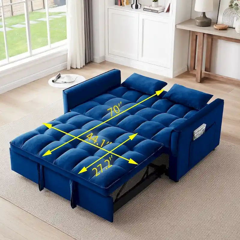 55.1-inch 3-in-1 convertible,modern velvet double sofa Futon sofa bed with adjustable back, storage bag and pillow