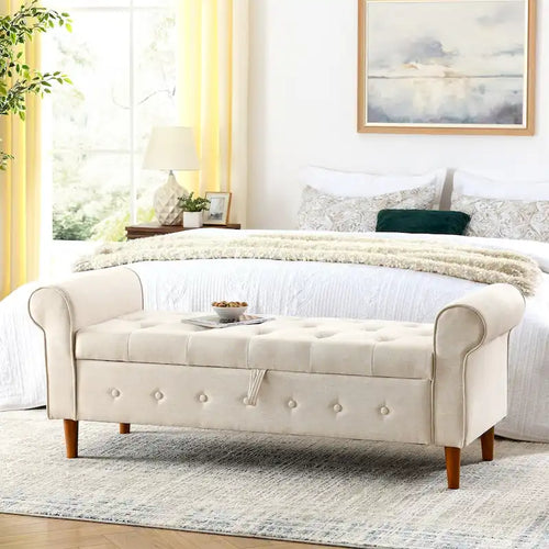 62 Bedroom Tufted Button Storage Bench, Window Bench, Rolled Arm Design for Bedroom, Living Room
