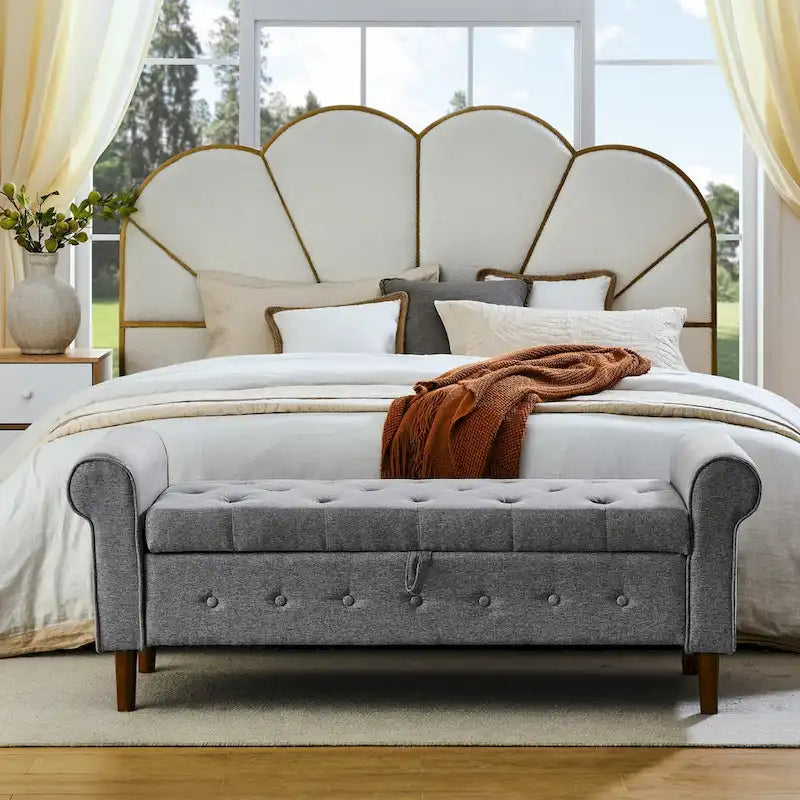 62 Bedroom Tufted Button Storage Bench, Window Bench, Rolled Arm Design for Bedroom, Living Room