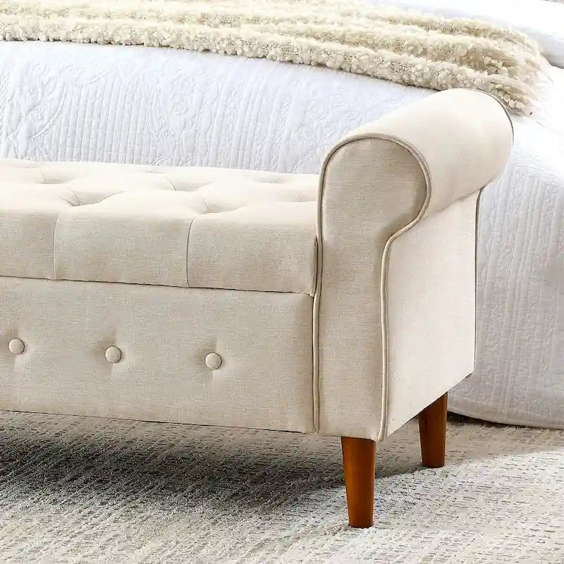 62 Bedroom Tufted Button Storage Bench, Window Bench, Rolled Arm Design for Bedroom, Living Room