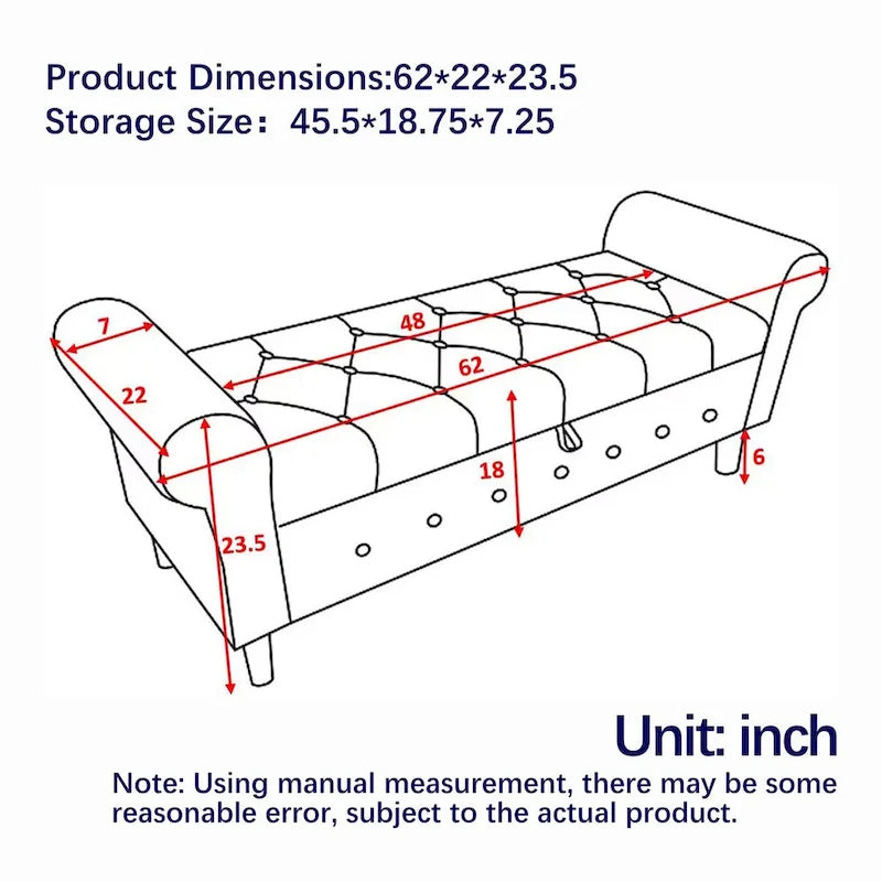 62 Bedroom Tufted Button Storage Bench, Window Bench, Rolled Arm Design for Bedroom, Living Room