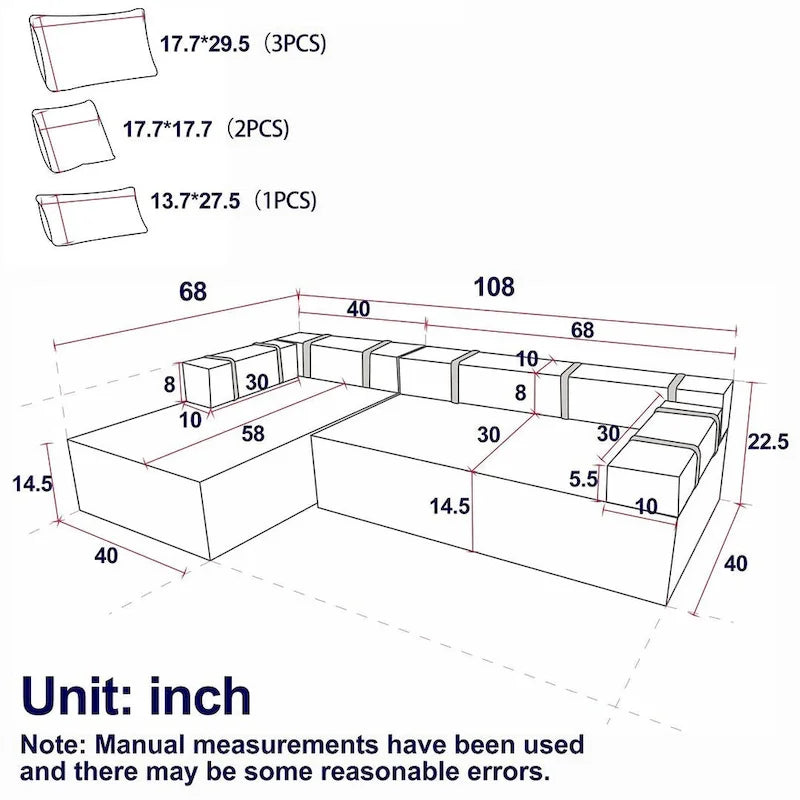 L-Shaped Chenille Sectional Sofa Modern Modular Cushion Back Couch Sofa With 6 Pillows for Living Room