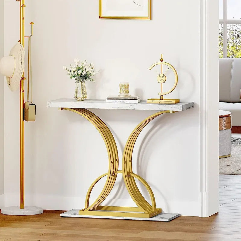 Moasis 39 Modern Faux Marble Console Table with Gold Base, Entryway Sofa Table for Living Room