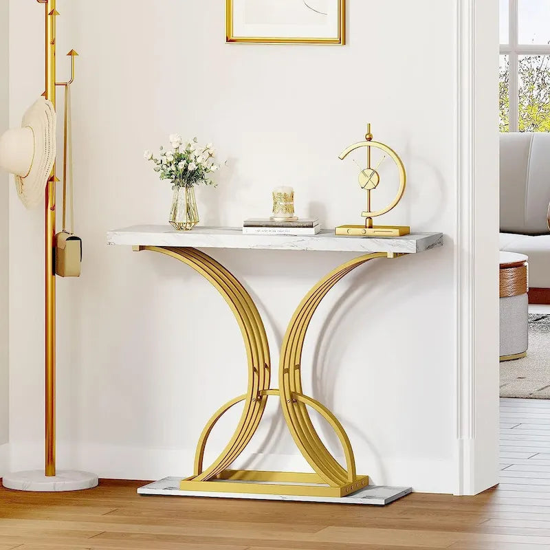 Moasis 39 Modern Faux Marble Console Table with Gold Base, Entryway Sofa Table for Living Room