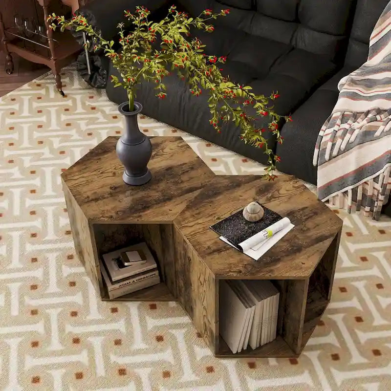 Hexagonal Small Coffee Table with Storage, Unique Modern Coffee Table for Living Room and Office, for Small Spaces