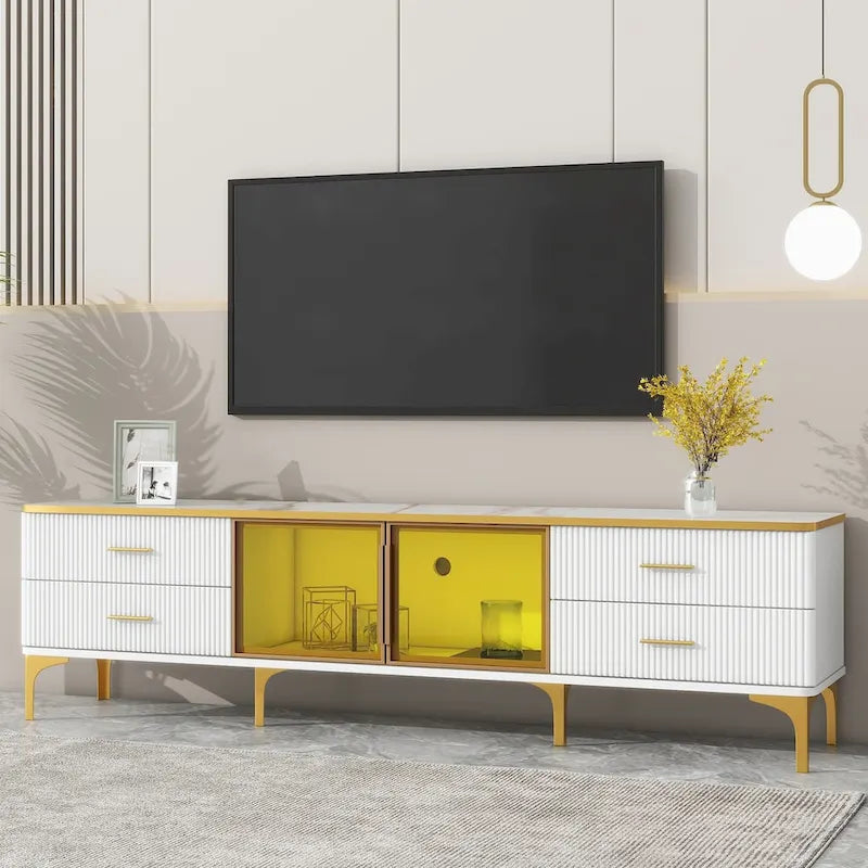 Media Console Table with Glass Storage Cabinet,Golden Legs & Handles