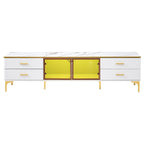 Media Console Table with Glass Storage Cabinet,Golden Legs & Handles