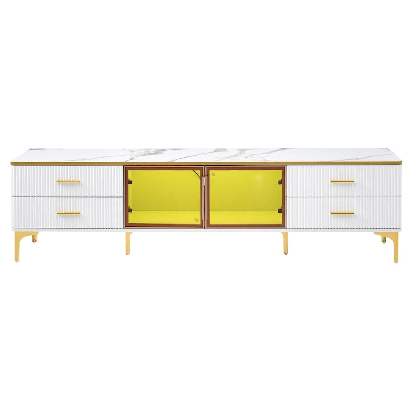 Media Console Table with Glass Storage Cabinet,Golden Legs & Handles