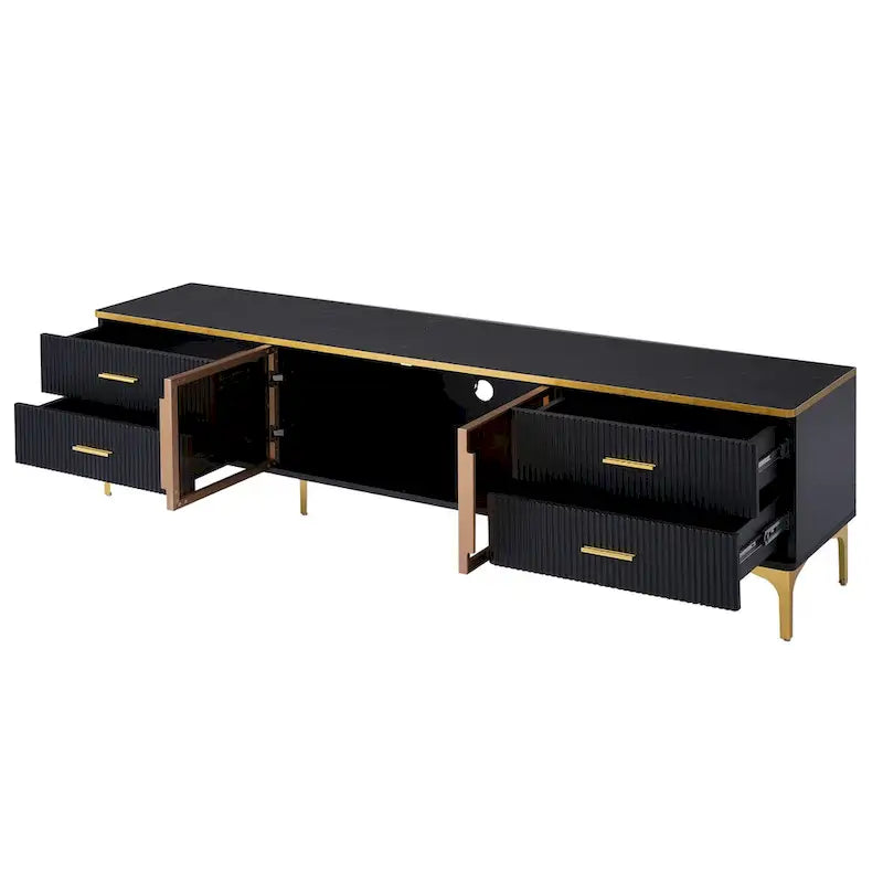 Media Console Table with Glass Storage Cabinet,Golden Legs & Handles