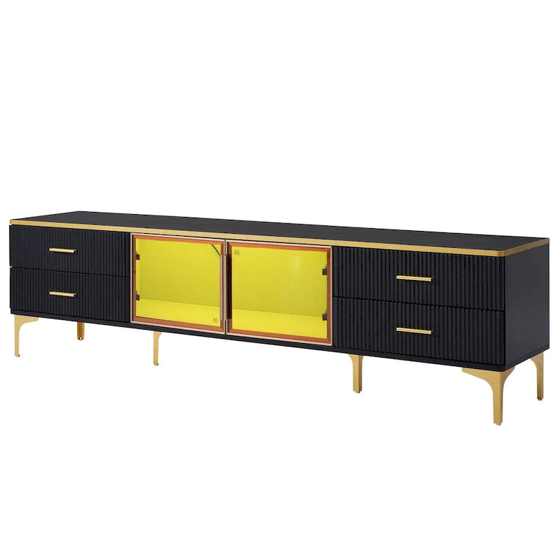Media Console Table with Glass Storage Cabinet,Golden Legs & Handles
