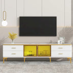 Media Console Table with Glass Storage Cabinet,Golden Legs & Handles