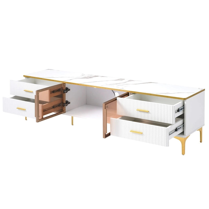 Media Console Table with Glass Storage Cabinet,Golden Legs & Handles