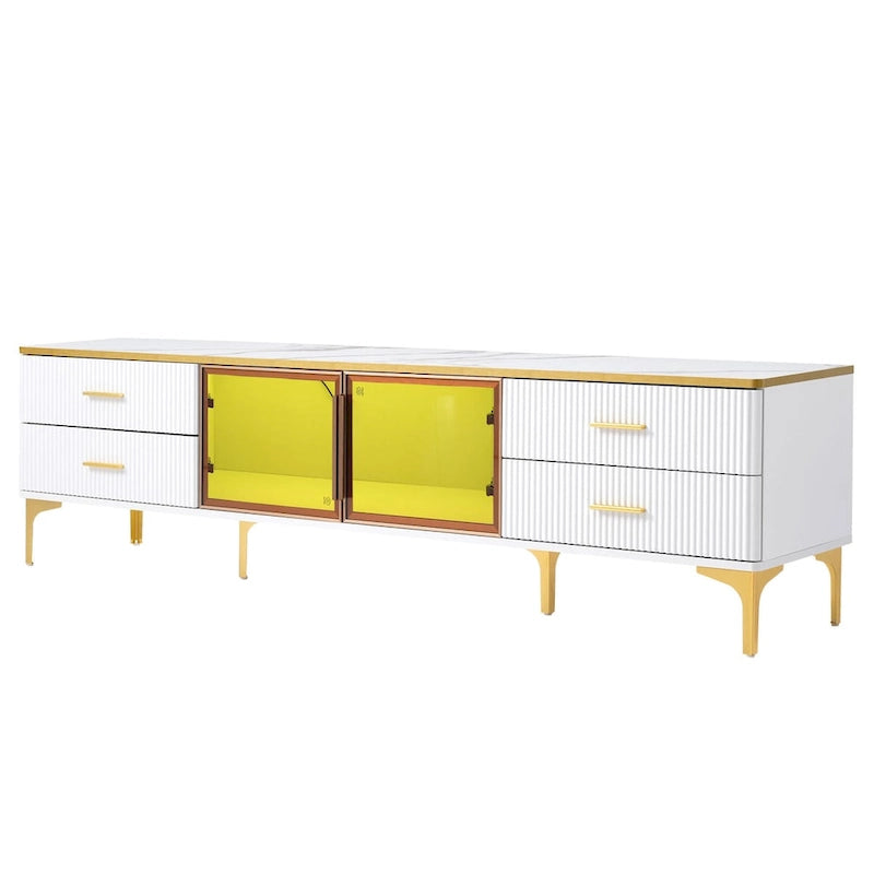 Media Console Table with Glass Storage Cabinet,Golden Legs & Handles