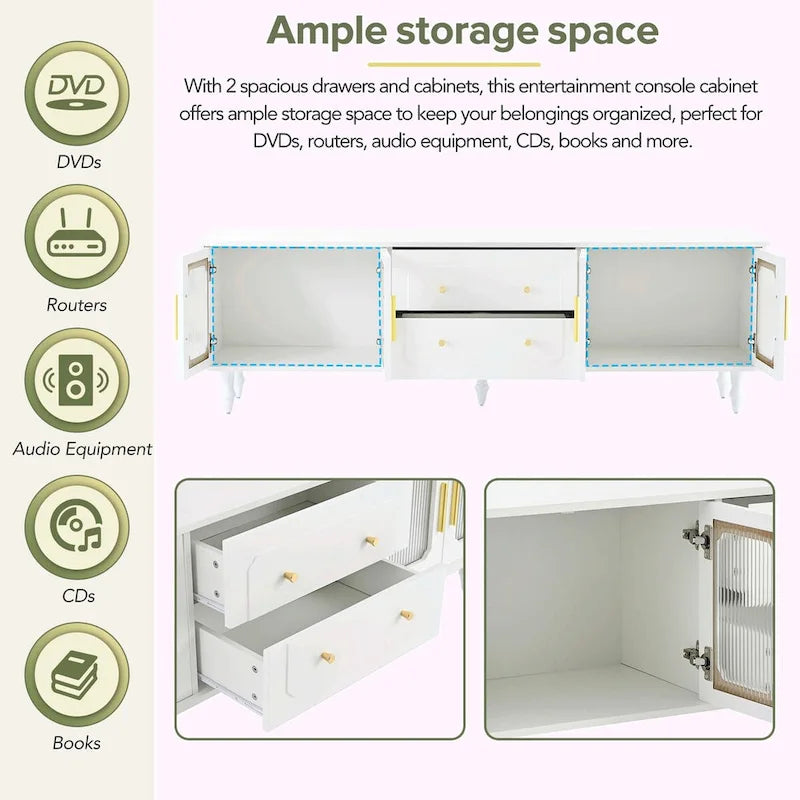 Retro TV Stand with Fluted Glass Doors for TVs Up to 78