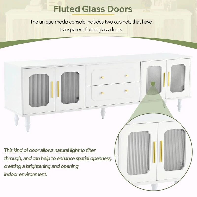 Retro TV Stand with Fluted Glass Doors for TVs Up to 78